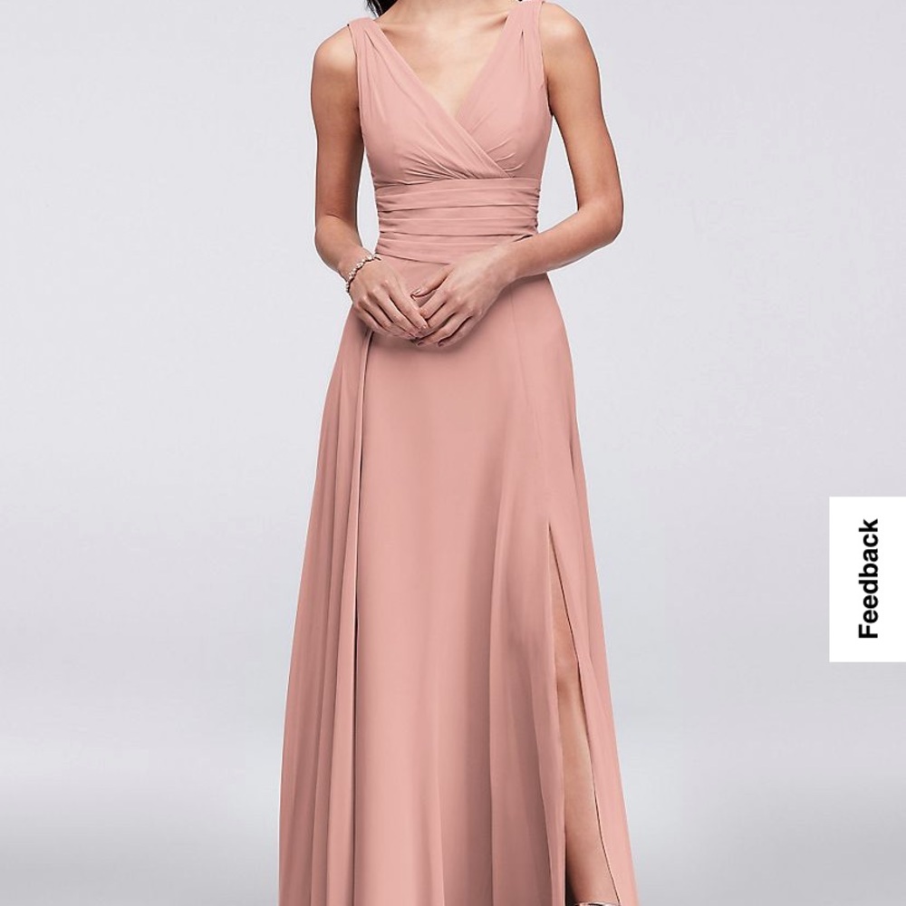 David’s bridal, ballet pink, long dresses with slit. Sizes: 0 and 8.